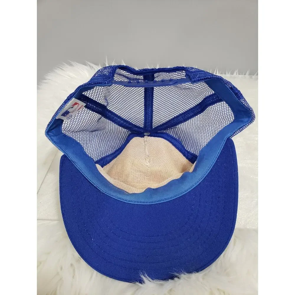 VINTAGE 90s Rare Chicago Cubs Pennant Fever Blue/White Striped Mesh Snapback Hat